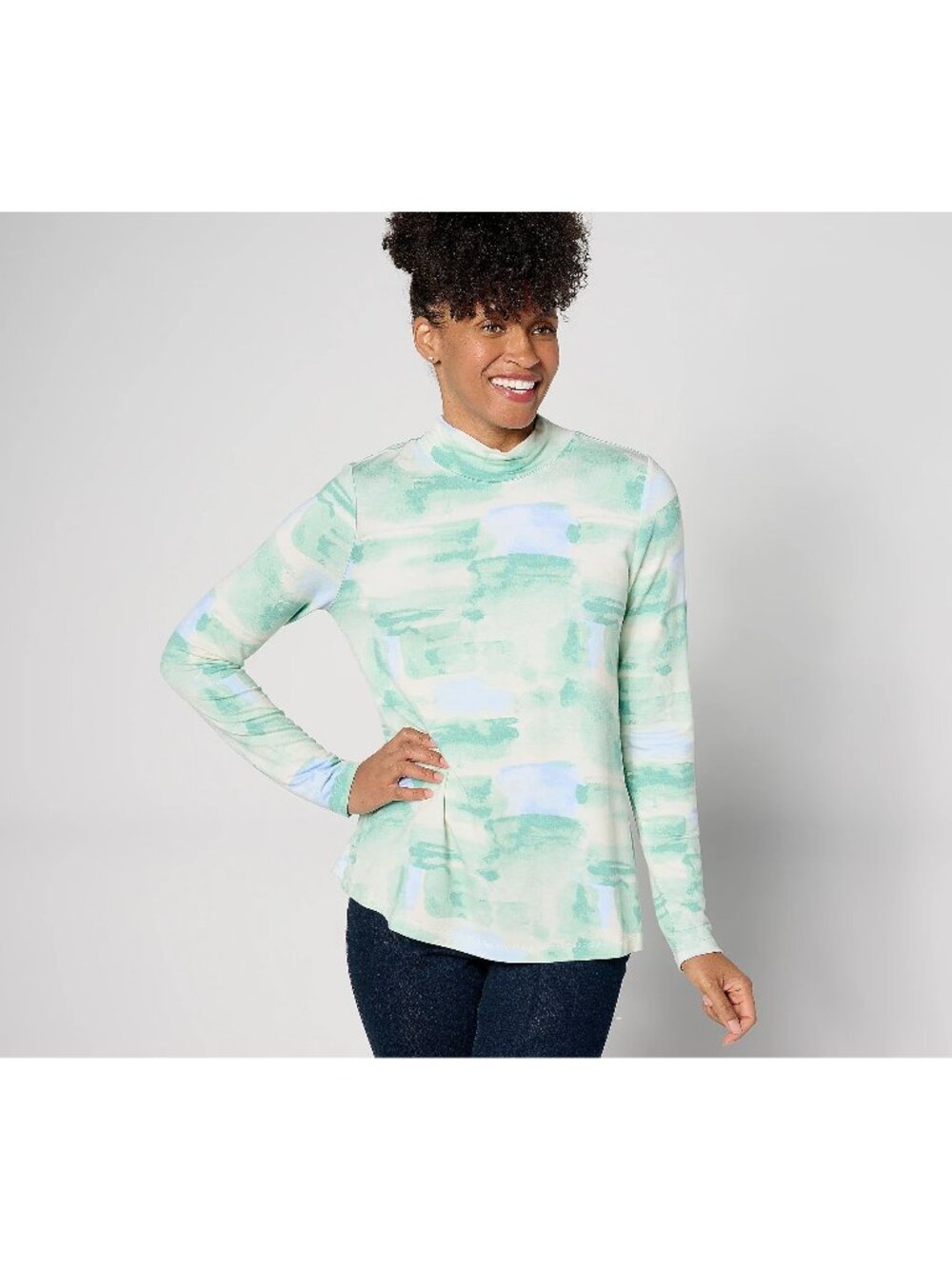 Sport Savvy Top Large Printed Drapey Mock Neck Swing Green Multicolor Indie NEW